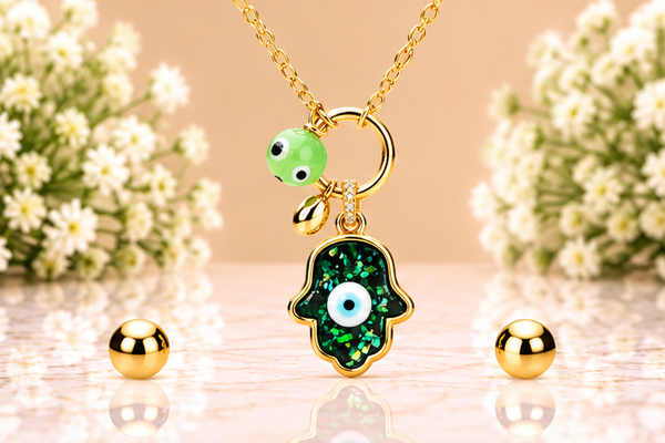 Green Hamsa with Eye Necklace & Earring Set – 18K Gold Plated