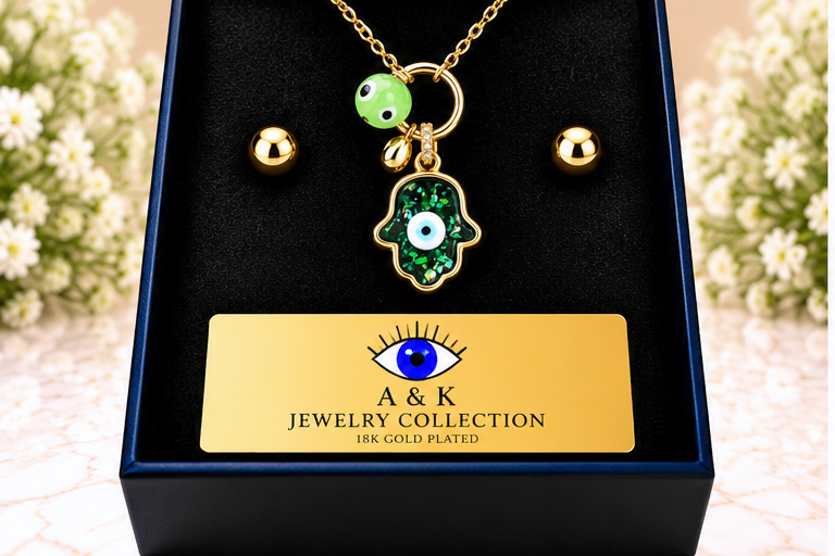 Green Hamsa with Eye Necklace & Earring Set