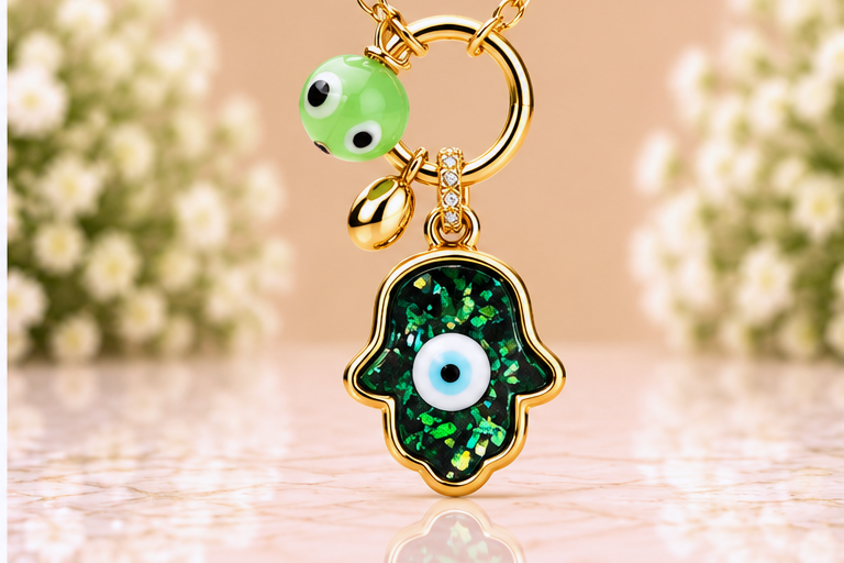 Green Hamsa with Eye Necklace & Earring Set