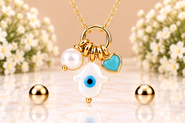 Shell Hamsa with Pearl and Heart Necklace & Earring Set