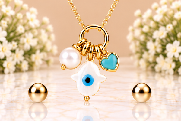 Shell Hamsa with Pearl and Heart Necklace & Earring Set – 18K Gold Plated