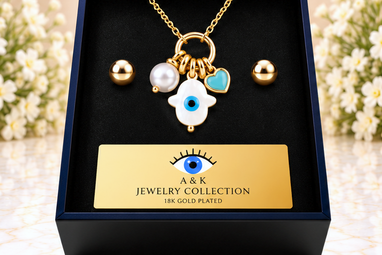 Shell Hamsa with Pearl and Heart Necklace & Earring Set