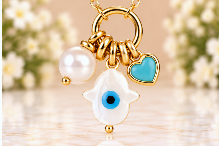 Shell Hamsa with Pearl and Heart Necklace & Earring Set