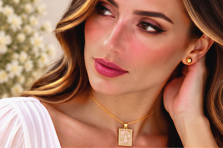 Square Pink Hamsa Necklace/Earring Set