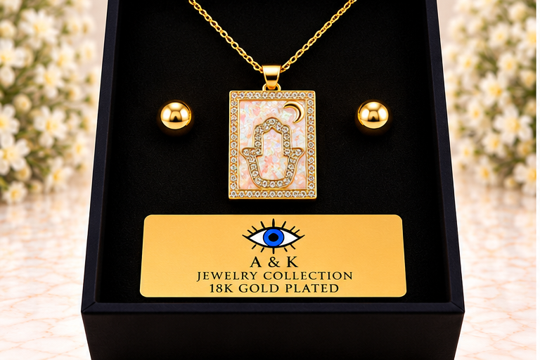 Square Pink Hamsa Necklace/Earring Set