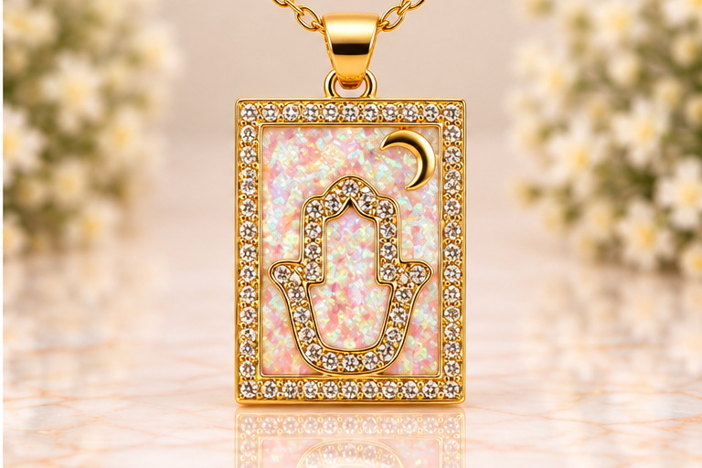 Square Pink Hamsa Necklace/Earring Set