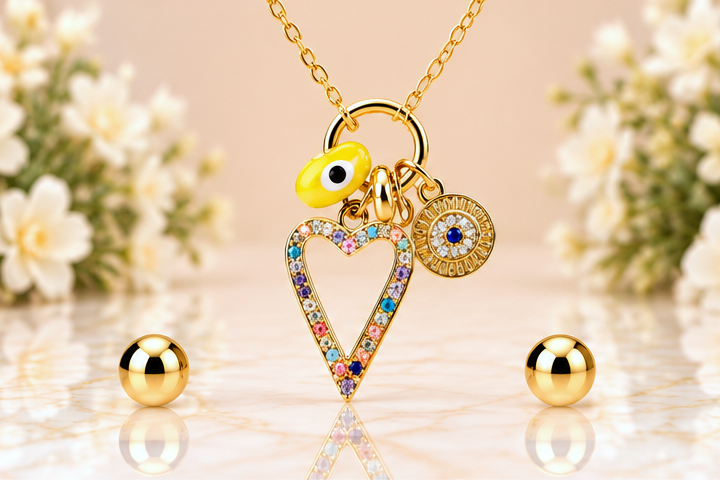 Multicolored Heart and Eye Necklace & Earring Set