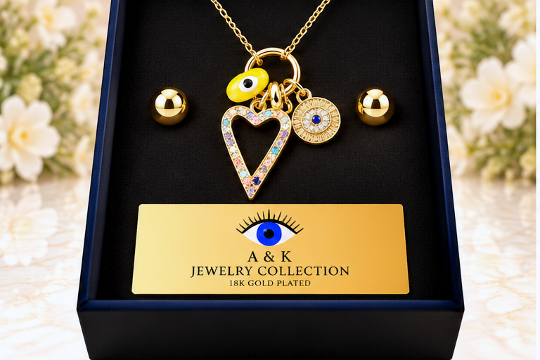 Multicolored Heart and Eye Necklace & Earring Set