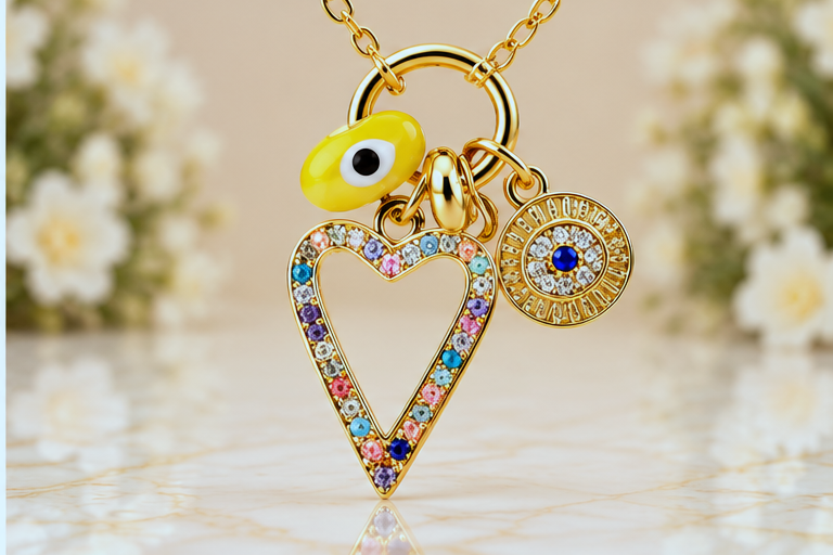Multicolored Heart and Eye Necklace & Earring Set