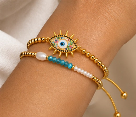 Sunburst Evil Eye and Pearl Bracelet Set