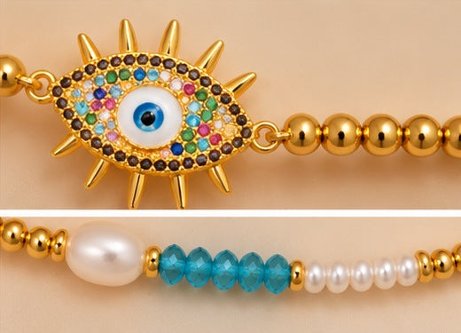 Sunburst Evil Eye and Pearl Bracelet Set