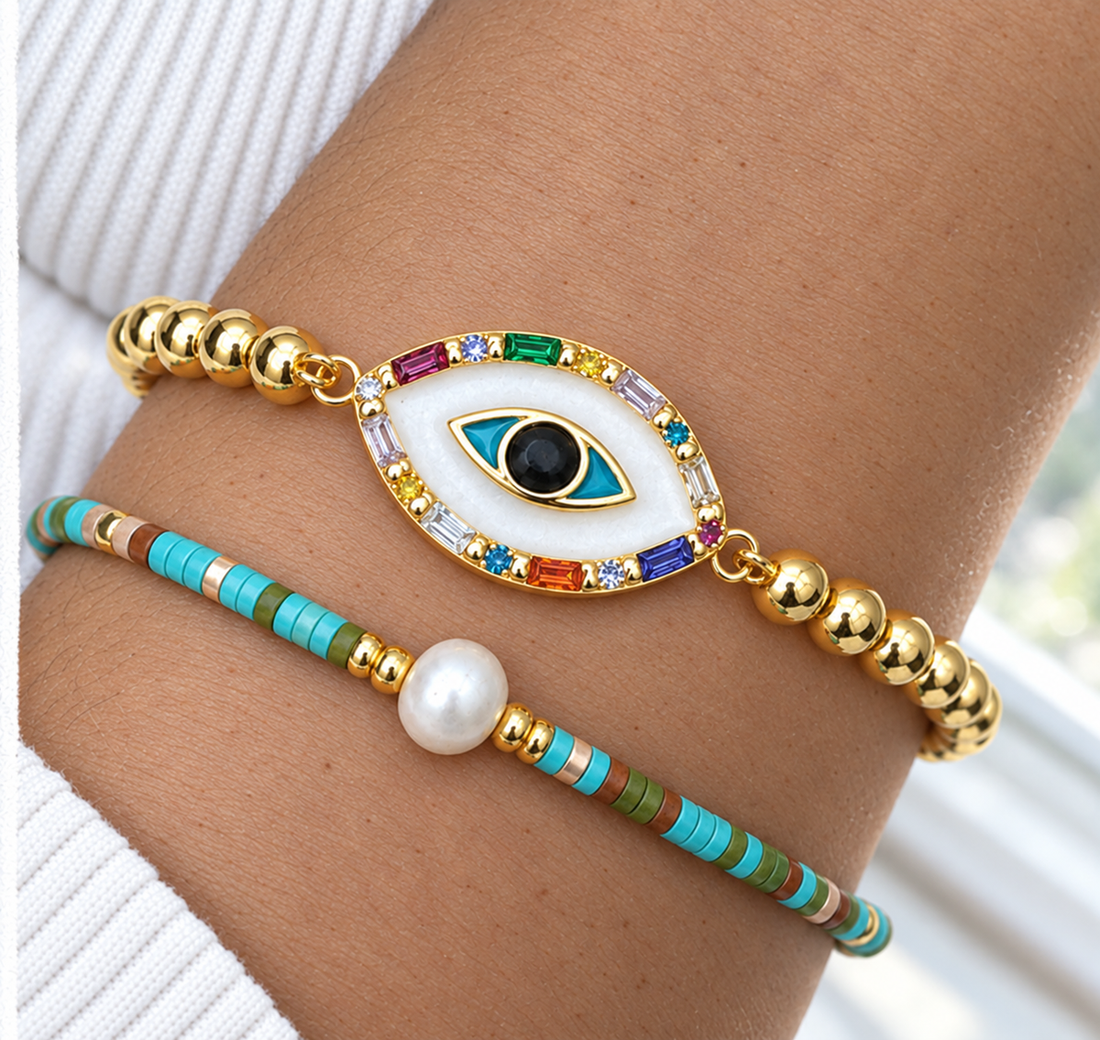 White Enamel Oval Eye Bracelet Set