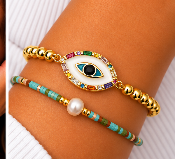 White Enamel Oval Eye Bracelet Set – 18K Gold Plated
