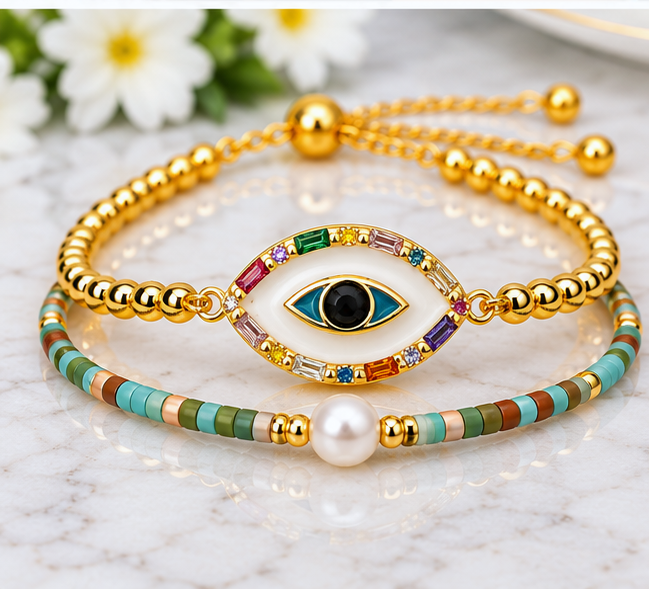 White Enamel Oval Eye Bracelet Set