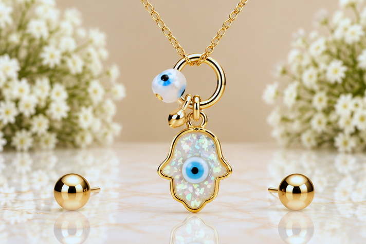 Opal Hamsa with Eye Necklace & Earring Set