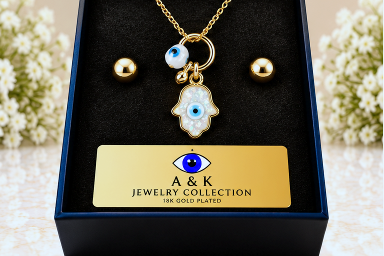 Opal Hamsa with Eye Necklace & Earring Set