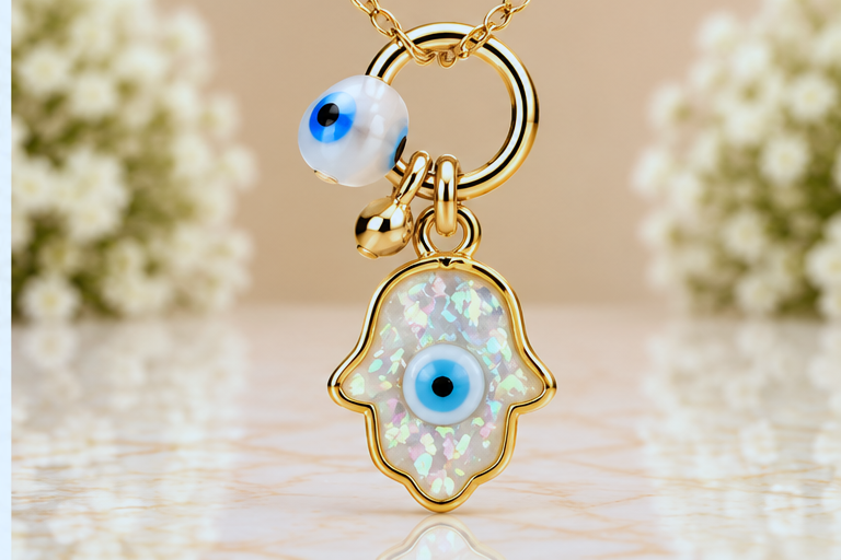 Opal Hamsa with Eye Necklace & Earring Set