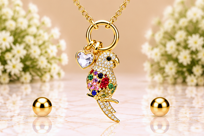 Multicolored Parrot with Heart Necklace & Earring Set