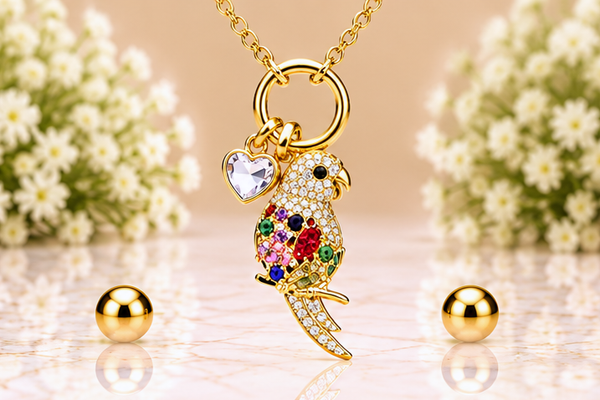 Multicolored Parrot with Heart Necklace & Earring Set – 18K Gold Plated