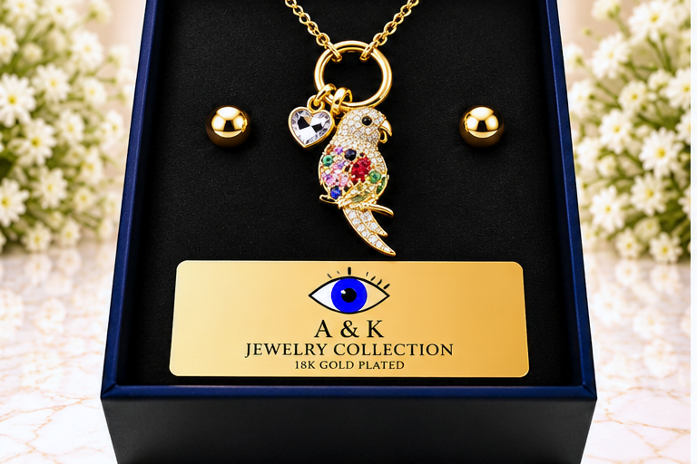 Multicolored Parrot with Heart Necklace & Earring Set