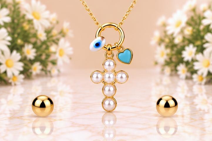 Pearl Cross Necklace & Earring Set
