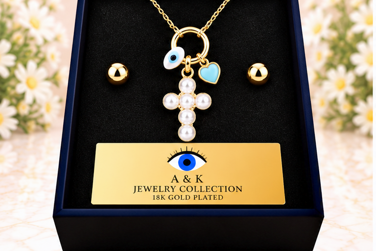 Pearl Cross Necklace & Earring Set