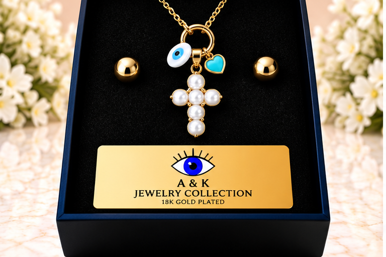 White Pearl Cross Necklace & Earring Set