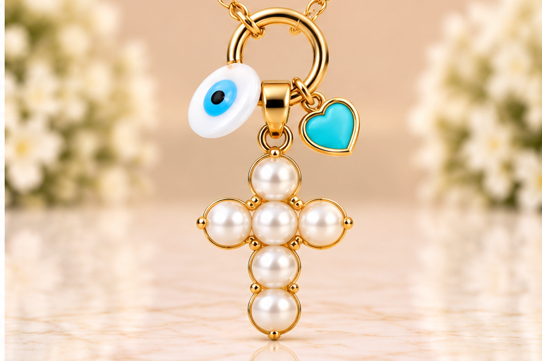 White Pearl Cross Necklace & Earring Set