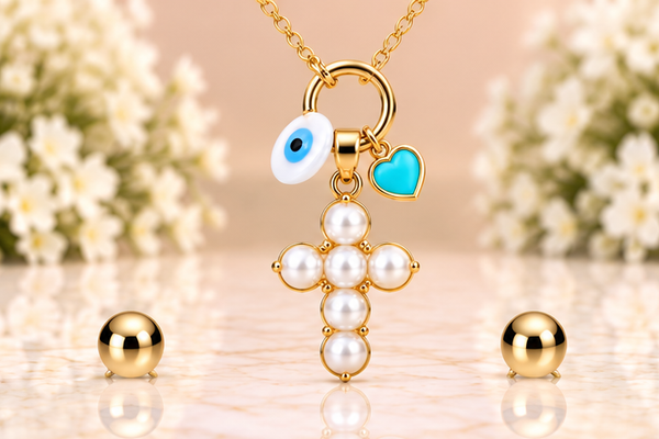 White Pearl Cross Necklace & Earring Set – 18K Gold Plated