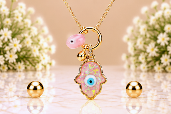 Pink Hamsa with Eye Necklace & Earring Set – 18K Gold Plated