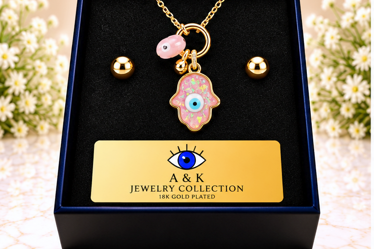 Pink Hamsa with Eye Necklace & Earring Set