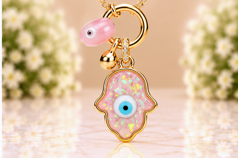 Pink Hamsa with Eye Necklace & Earring Set