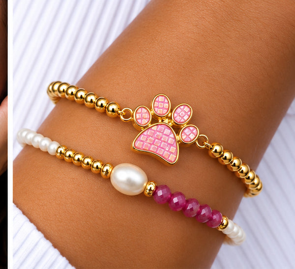 Shell and Paw Bracelet Set – 18K Gold Plated Pink