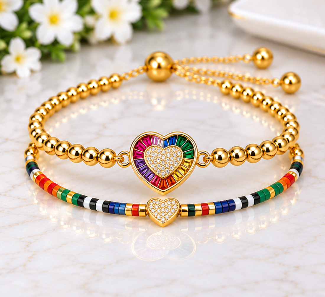 Rainbow Heart Cubic Ziconic Bracelet Set