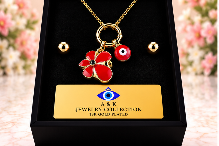 Red Flower with Eye Necklace/Earring Set