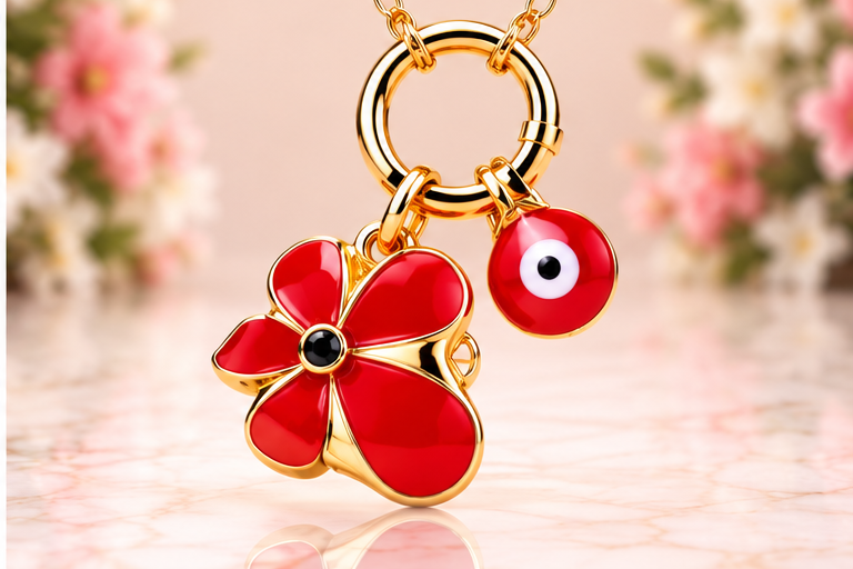 Red Flower with Eye Necklace/Earring Set