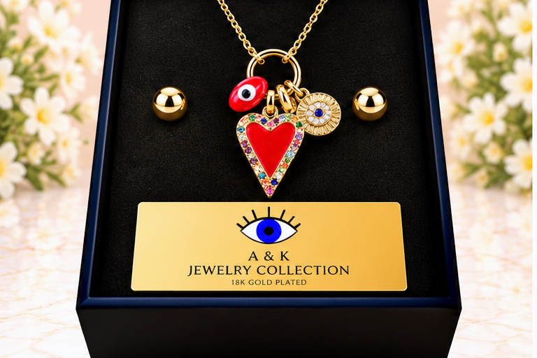 Red Heart and Eye Necklace & Earring Set