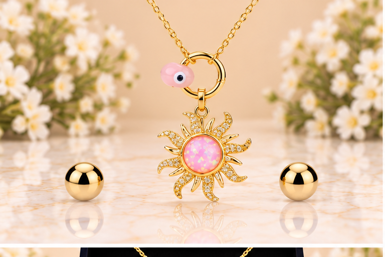 Pink Sun with Eye Necklace/Earring Set