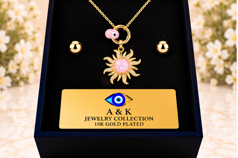 Pink Sun with Eye Necklace/Earring Set