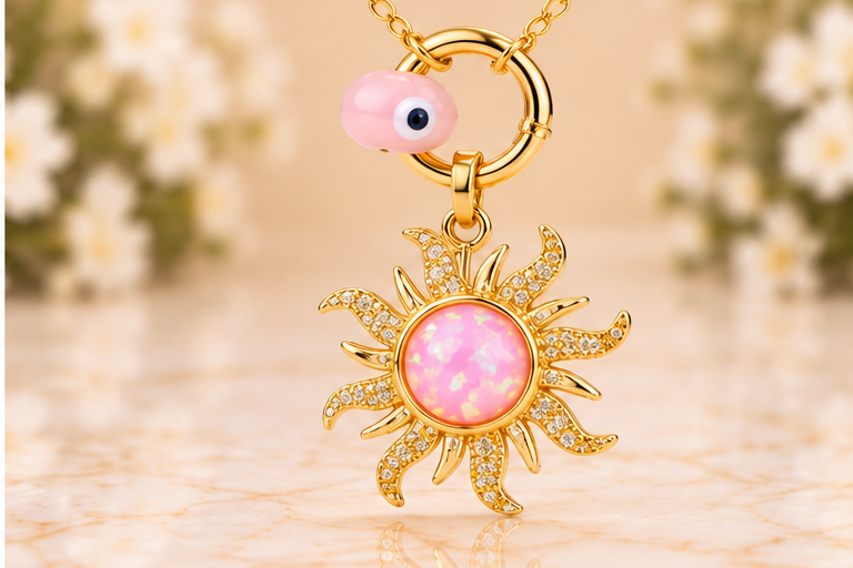 Pink Sun with Eye Necklace/Earring Set