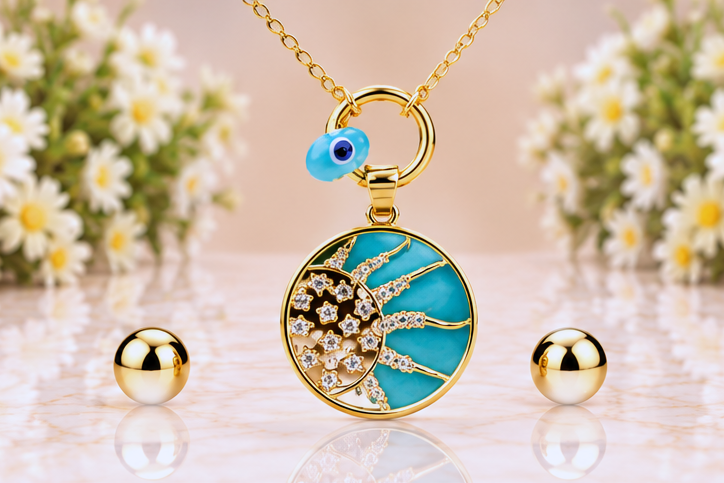 Turquoise Natural Stone Sun and Eye Necklace & Earring Set