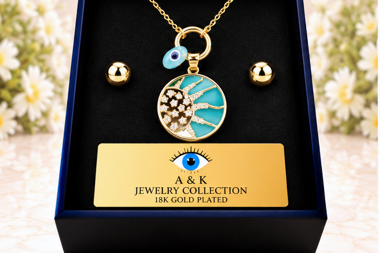 Turquoise Natural Stone Sun and Eye Necklace & Earring Set