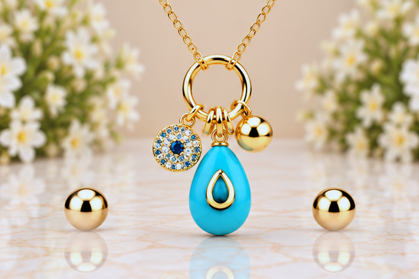 Turquoise Natural Stone Drop Necklace & Earring Set – 18K Gold Plated