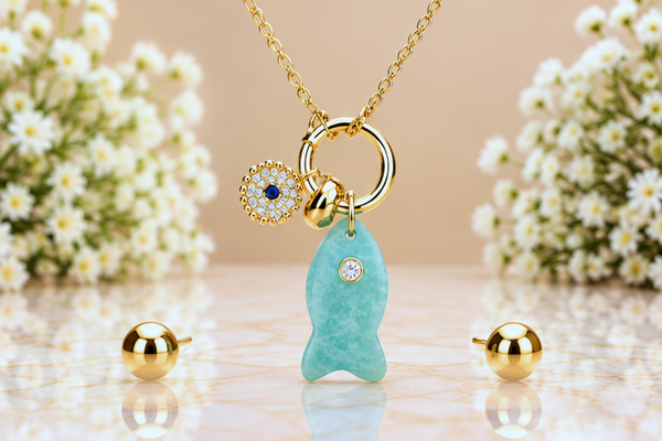 Turquoise Fish with Eye Necklace & Earring Set – 18K Gold Plated