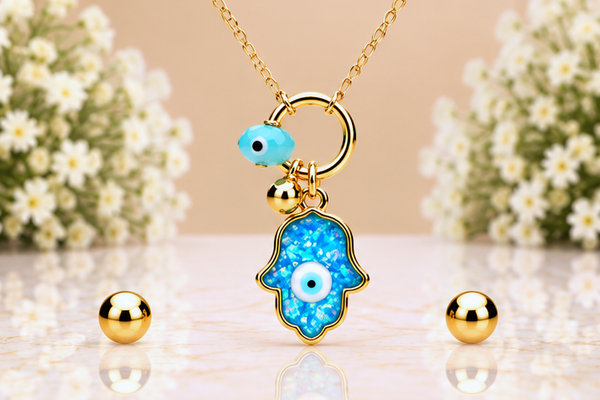 Turquoise Hamsa with Eye Necklace & Earring Set – 18K Gold Plated