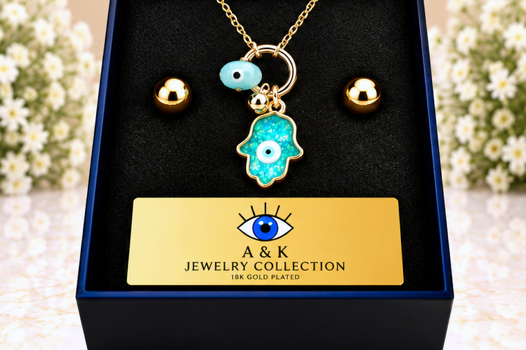 Turquoise Hamsa with Eye Necklace & Earring Set
