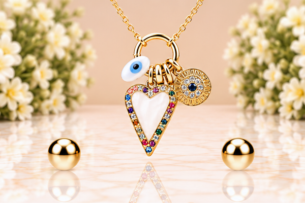 White Heart and Eye Necklace & Earring Set – 18K Gold Plated