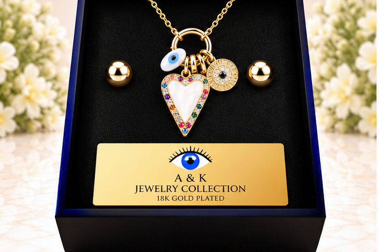 White Heart and Eye Necklace & Earring Set