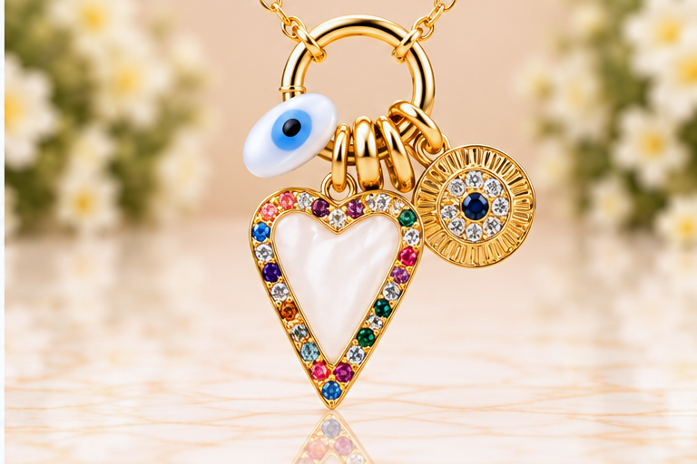 White Heart and Eye Necklace & Earring Set