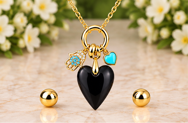 Black Obsidian with Heart Necklace & Earring Set – 18K Gold Plated